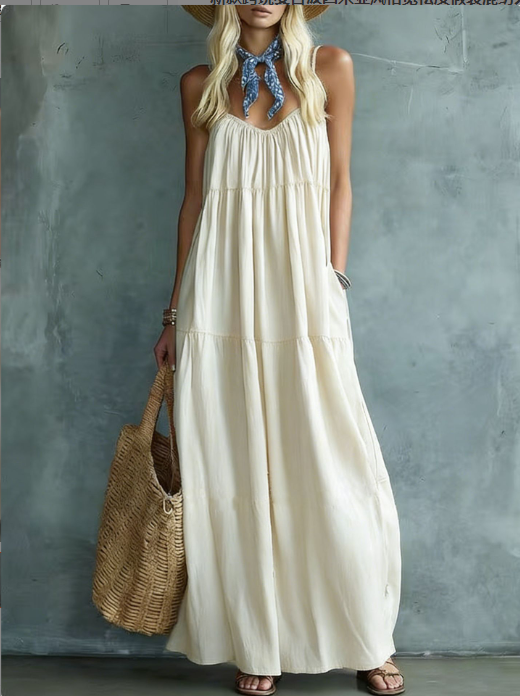 Retro Boho Style Loose Resort Dress Blended Sleeveless Wrap Maxi Skirt