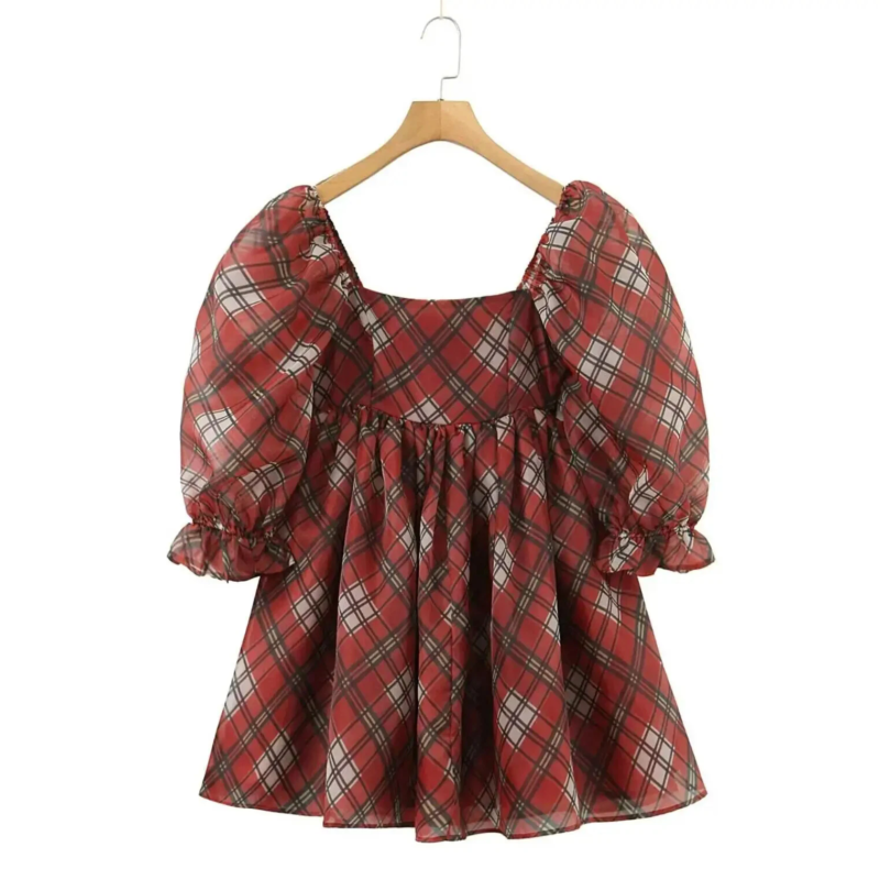 Retro red checkered lantern sleeve waist cinching short skirt